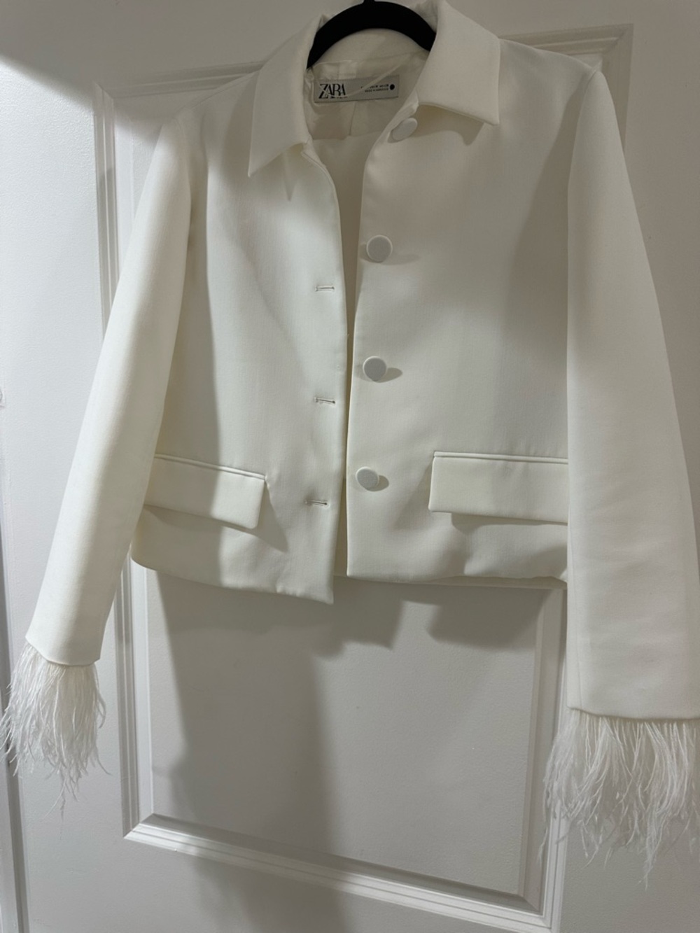 Zara Women's Cream Feather Cuff Cropped Jacket & Skirt Set